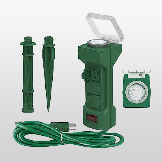 LPU06FA 6-Outlets Outdoor Seasonal -Use Cord-Connectedwith Self-closing outlet closures.and the top withmechanical timer.