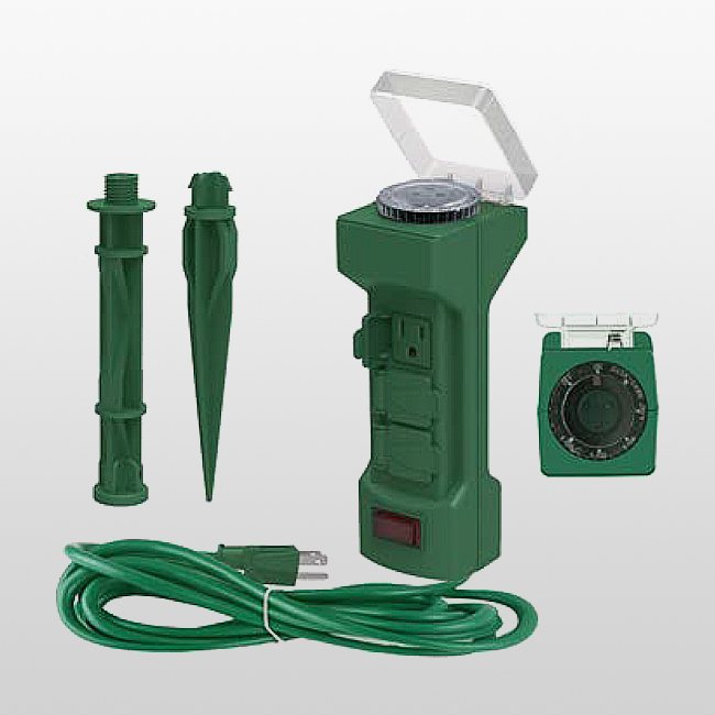 LPU06FB 6-Outlets Outdoor Seasonal -Use Cord-Connectedwith Self-closing outlet closures.and the top withelectrical timer.